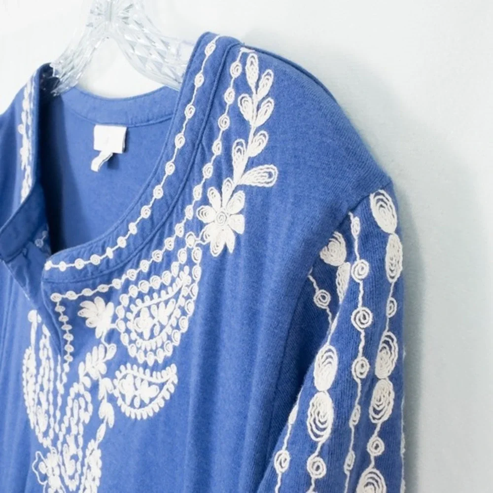 J Jill‎ Embroidered 3/4 Sleeve Tunic Top Petite Large Blue Boho Coastal Beach - Picture 7 of 16